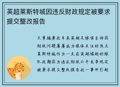 英超莱斯特城因违反财政规定被要求提交整改报告